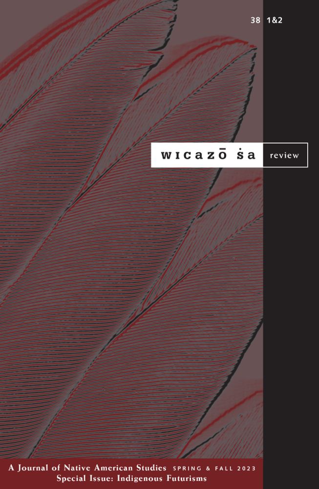 Wicazo Sa Review 38.1&2 cover featuring a large, stylized photo of feathers that fills nearly the entire surface. The cover is washed dark red.
