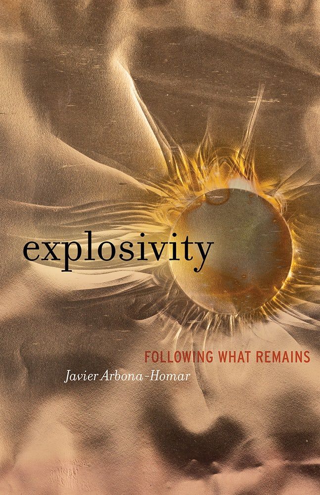 ​Cover of Explosivity: Following What Remains by Javier Arbona-Homar. Image: Top-down view of copper sheet interrupted by a corona of flame on middle right. Title in black, subtitle in red, author in white.