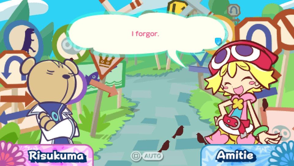 An edit of a cutscene involving Risukuma and Amitie. Amitie forgot what she was trying to say after a Puyo battle.