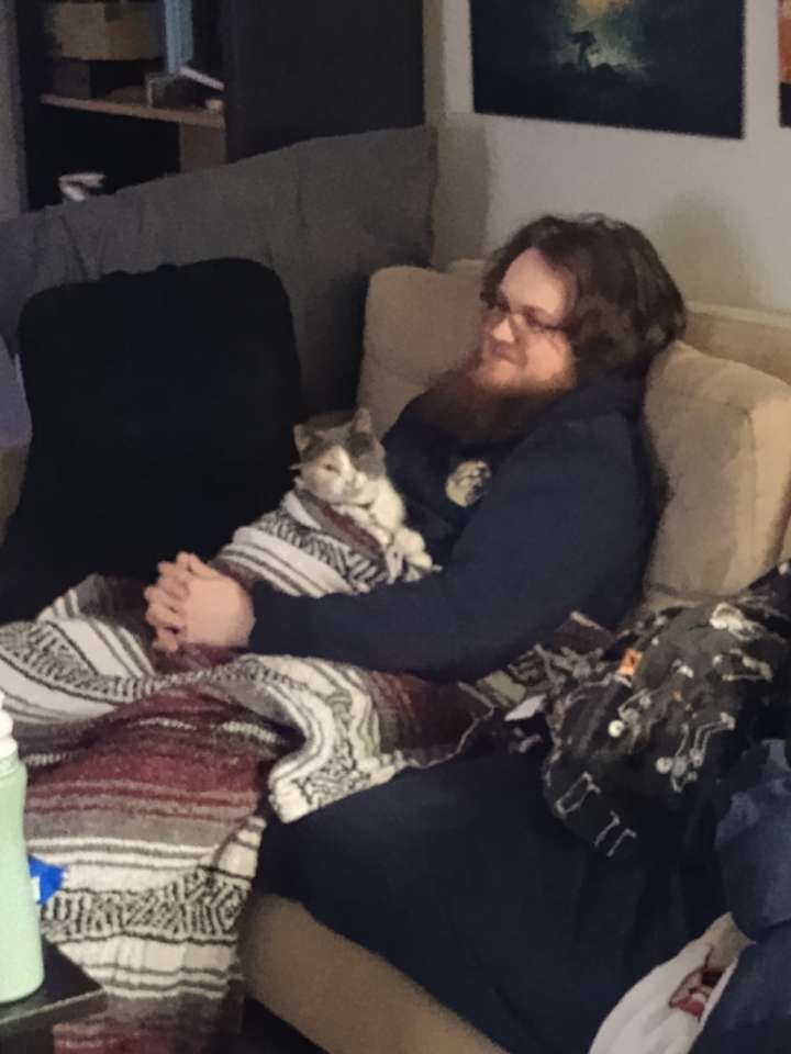 Me with dilute torti kitty wrapped up in a blanket 