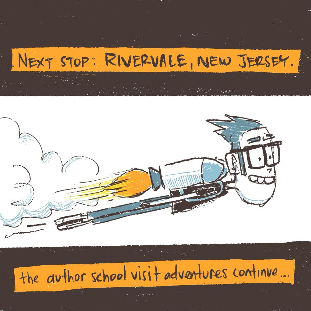Drawing of James Burks wearing a jetpack flying across the sky on the way to Rivervale, NJ. 