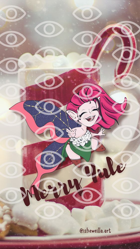 A preview of a phone wallpaper. The central point of the wallpaper is a digital artwork of a fairy with a happy smile. She's wearing a green dress with white fluff at the neckline. Her shoes are a brown leather and her wings are blue with what appears to be fairly lights strung across them The edges of the wings are a dark pink salmon color. Her hair is hot pink with black streaks through it and one long strand is draped in front of her left ear. In the background, there is a photographed, candy-cane striped mug with marshmallows peaking over the top in the center of a plate of holiday cookies or biscuits. There's a candy-cane with it's staff dipped into the mug, only the hook of the candy-cane can be seen.