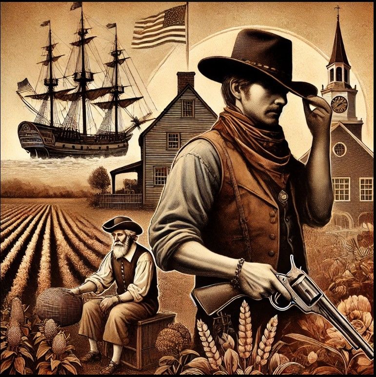 An illustration that visually represents the blend of colonial America, Wild Bill Hickok's legendary persona, and the connection to Shakespeare's birthplace.