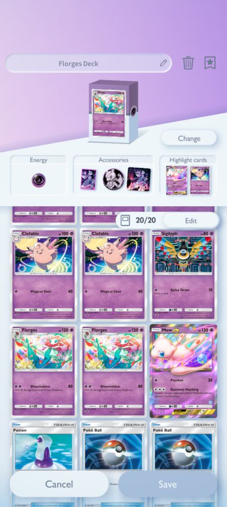 More cards for the Florges deck: two Clefable, one Sigilyph, two Florges, one Mew ex.