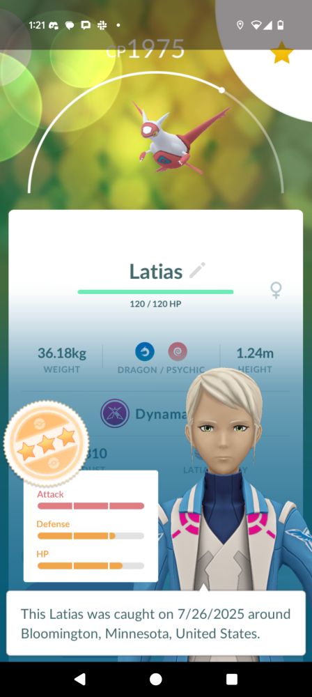 A screenshot of Pokemon Go, showing a three-star Dynamax Latias that has just been caught.