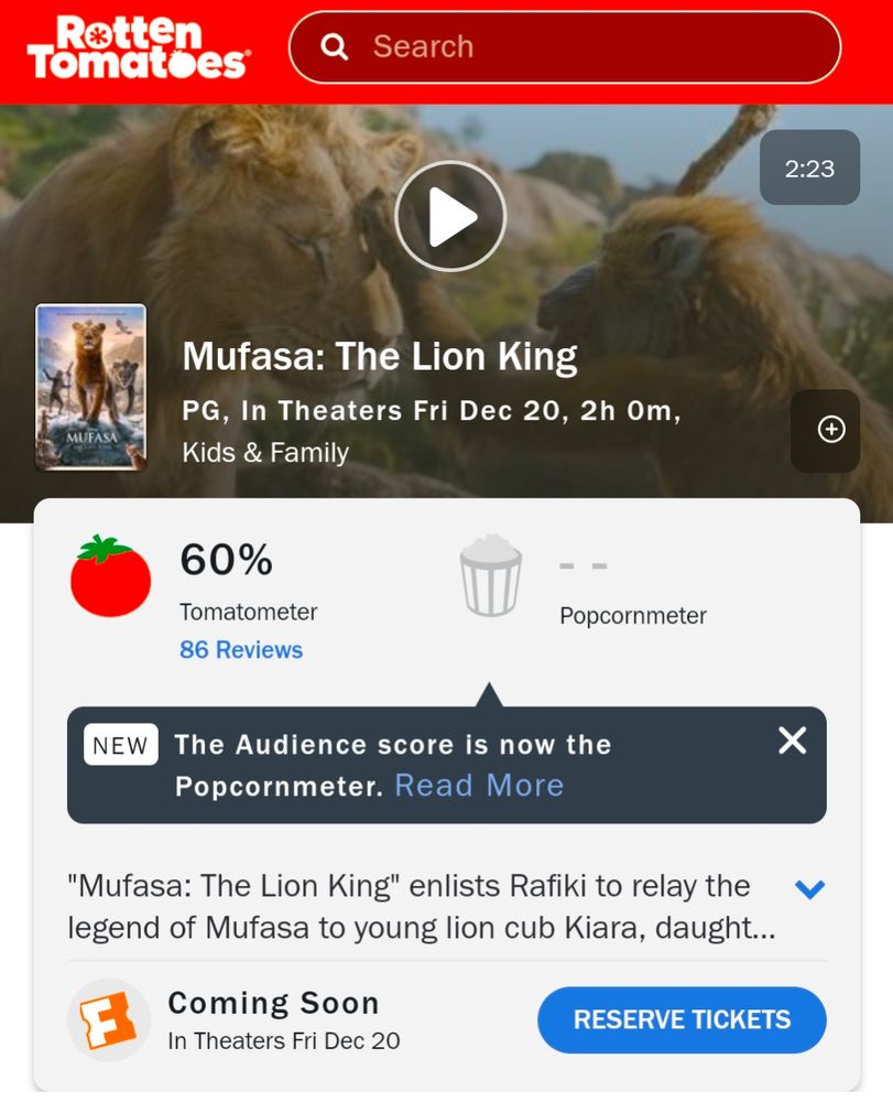 The Rotten Tomatoes score for Mufasa: The Lion King: 60%.