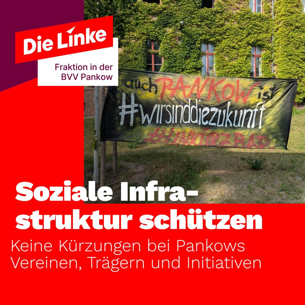 Gezeigt ist ein Protestbanner mit den Aufschriften "auch Pankow ist #unkürzbar" und "#wirsinddiezukunft" vor dem Gebäude der Bezirksverordnetenversammlung Pankow. Dazu der Titel: Soziale Infrastruktur schützen. Keine Kürzungen bei Pankows Vereinen, Trägern und Initiativen