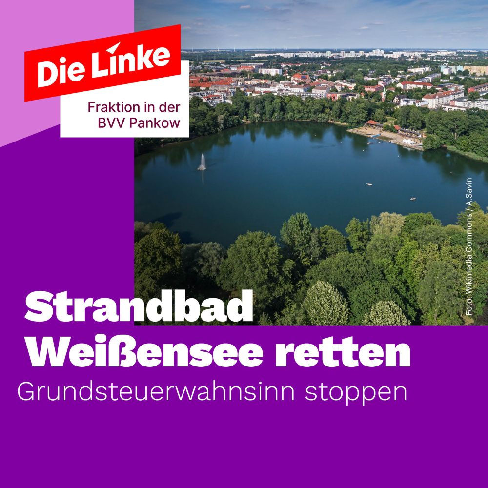 Sharepic mit der Aussage "Strandbad Weißensee retten – Grundsteuerwahnsinn stoppen!" vor einem Bild des Weißen See