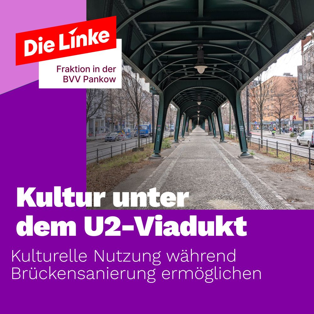 Gezeigt ist ein Bild der U2-Viadukts auf der Schönhauser Allee von unten, Perspektive ist entlang des Viadukts die Straße herunter, links und rechts gerahmt von seinen Säulen. Dazu der Titel: Kultur unter dem U2-Viadukt. Kulturelle Nutzung während Brückensanierung ermöglichen.