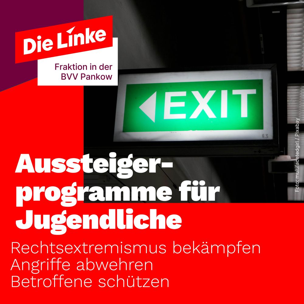 Gezeigt ist ein grün leuchtendes Notausgangsschild in einem dunklen Flur mit der Aufschrift "Exit" und einem Pfeil nach links. Dazu der Titel: Aussteigerprogramme für Jugendliche. Rechtsextremismus bekämpfen, Angriffe abwehren, Betroffene schützen
