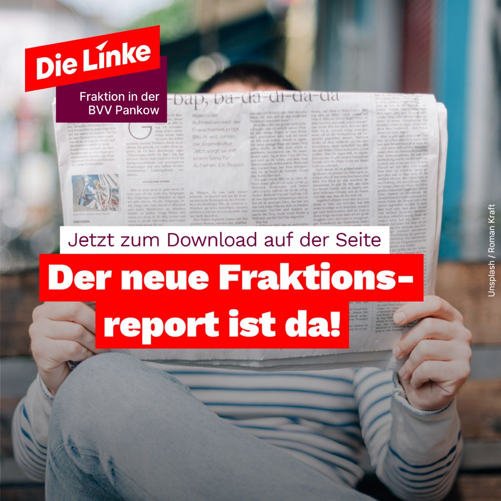 Ein Mann liest eine Zeitung, die ausgebreitet den Großteil seines Gesichts verbirgt. Dazu der Titel: Jetzt zum Download auf der Seite. Der neue Fraktionsreport ist da!