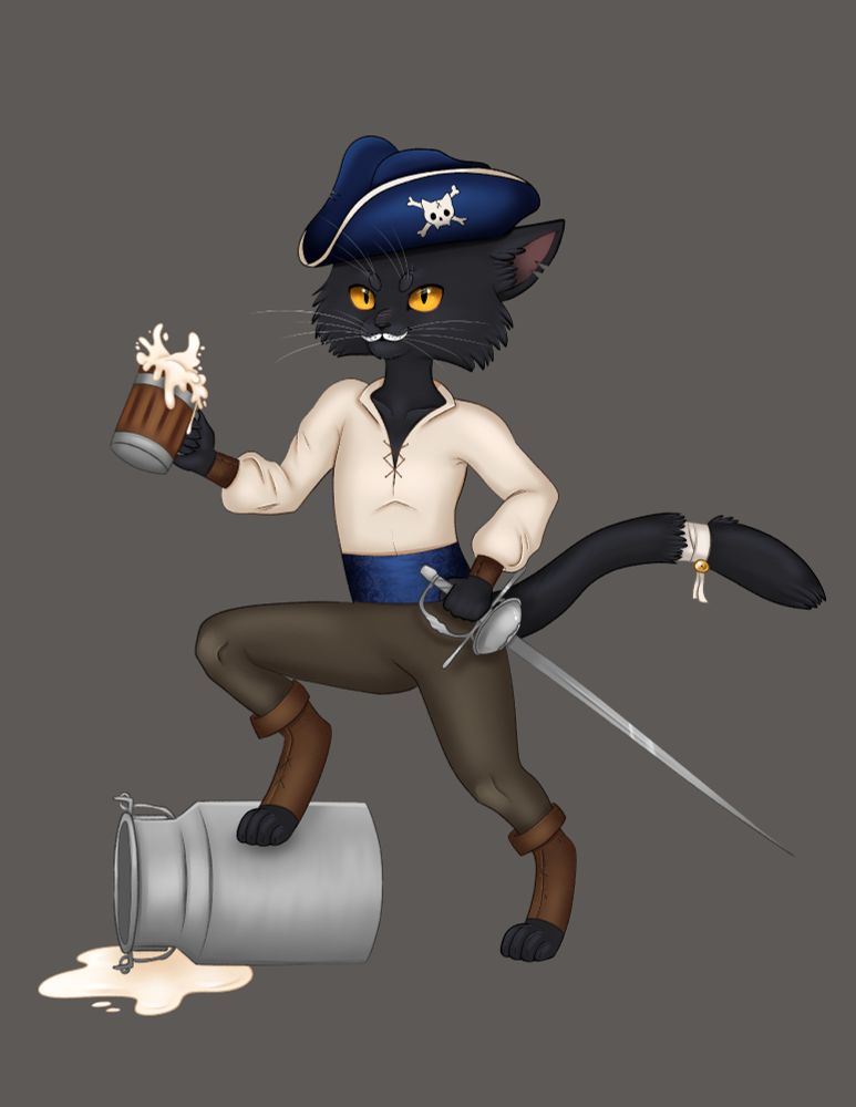 A cat swashbuckler Dungeons and Dragons character. He has black fur with white fur on his mouth making it look like a milk mustache. He has yellow eyes and a small scar across his muzzle. He is wearing a white shirt, tan pants, brown leather boots, and a blue pirate hat with a cat skull and cross bones on it. He is raising up a mug of milk and placing one foot up on an empty milk tank.