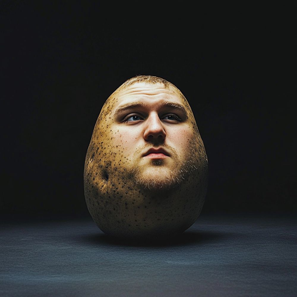 A potato with my face generated using a character ref in Midjourney