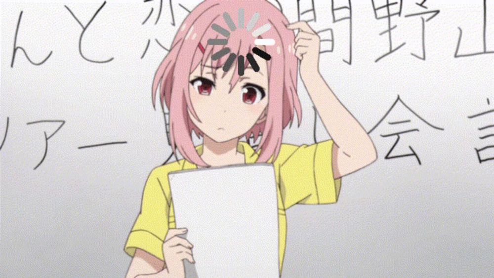 a girl with pink hair is holding a piece of paper in front of a chinese writing board