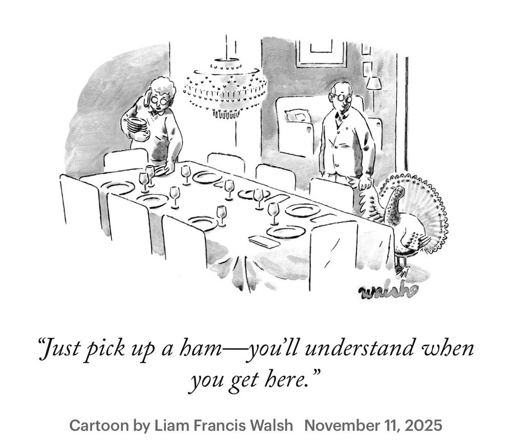 A New Yorker cartoon from Nov 11 2025. An elderly woman is setting a long table for 8 while talking on the phone: “Just pick up a ham - you’ll understand when you get here.” An elderly man, presumably her husband, is standing next to the table, holding a turkey by the hand and smiling at it lovingly.