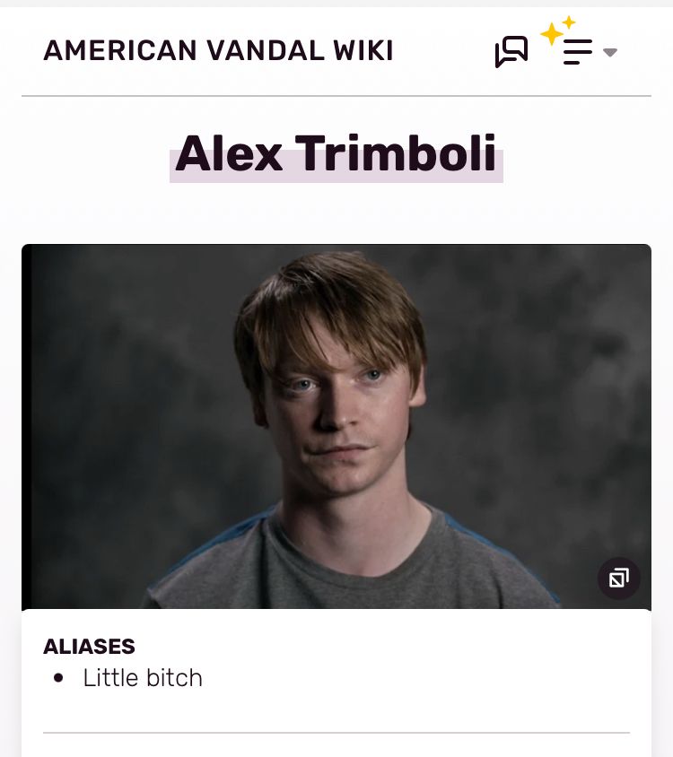 Screencap from the “American Vandal” wiki with a photo of Worthy as Alex Trimboli. “ALIASES: Little bitch”