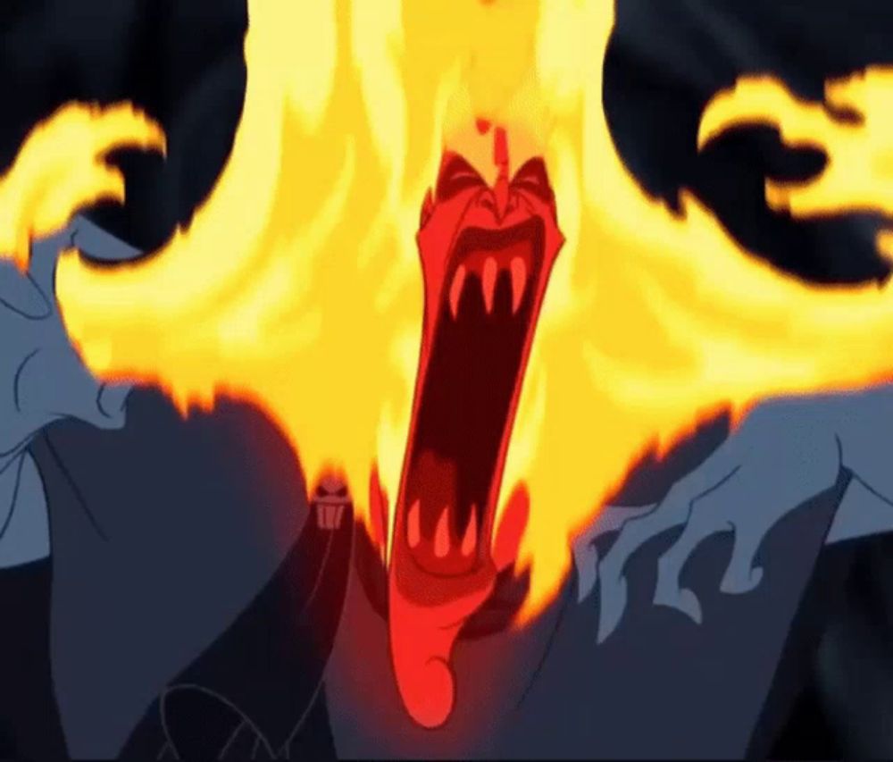 a cartoon character with a mouth full of flames