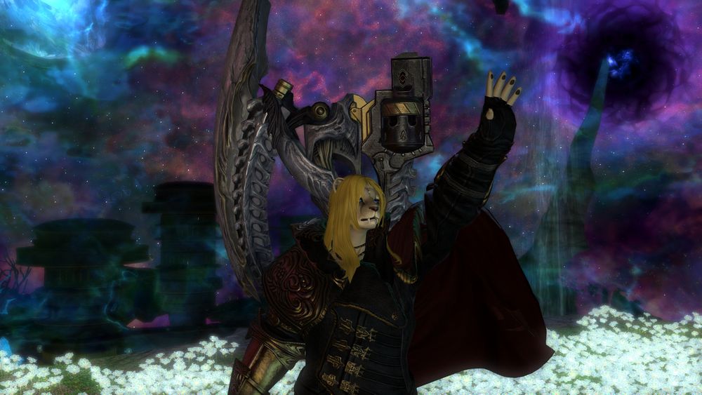 A female hrothgar from FFXIV who looks a lot like Zenos viator Galvus, and is even dressed like him, stands in a field of elpis blossoms in Ultima Thule, reaching out towards the sky.