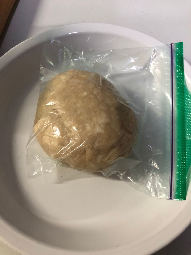 An image of some raw pie dough sealed in a plastic ziplock bag. It was placed in the fridge to rest overnight shortly after the picture was taken 