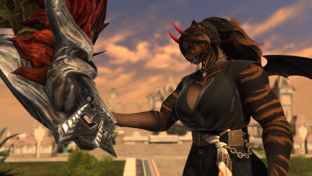 A brown furred female Hrothgar reaches out and gently pets a silver dragon the resembles shinryu