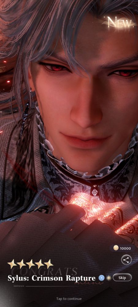 A screenshot from Love and Deepspace game. It shows I received new Sylus' card called Crimson Rapture.