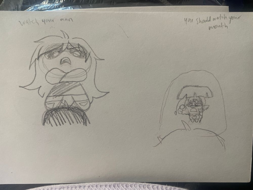 My first OC (a powerpuff girl) looking down at Eedee as she says ‘Watch your man’. It pans down to Eedee pointing up at her and saying ‘You should watch your mouth.’