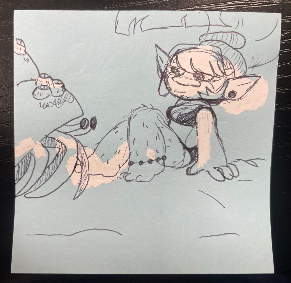 Eedee sitting down in the sand with a bikini on and her hair tied with a millipede. She is watching a hermit crab nearby.