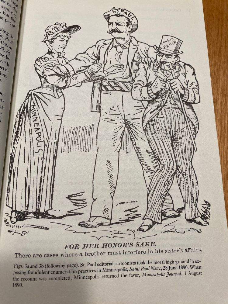 Cartoon from Mary Lethert Wingard’s 2001 book, Claiming The City, in which Minneapolis is depicted as a woman reaching out toward a man with n a top hat and cane identified as a « Census Fakir » with a large, mustachioed man in a hat that says St Paul on it trying to separate the two.