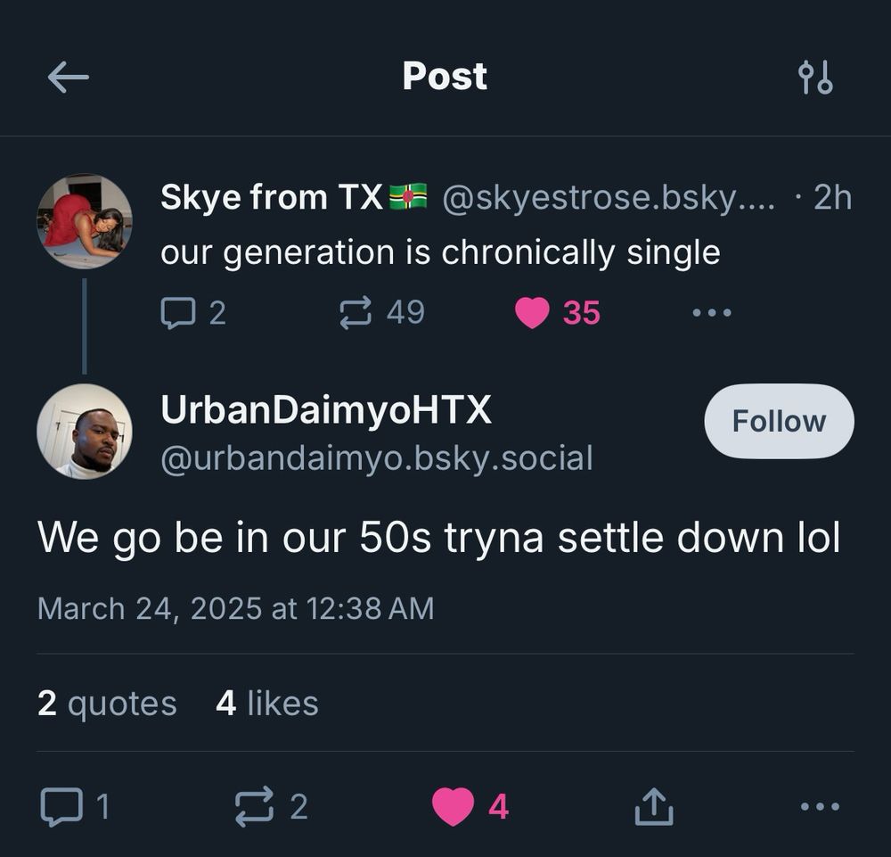 BlueSky users facetiously discuss younger generations’ unwillingness to form relationships, describing them as “chronically single” and suggesting that they’ll be in their 50s before settling down.