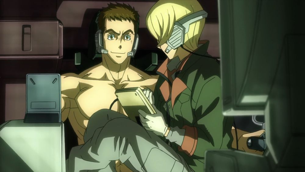 Yamagi sitting in Shino's lap in da cockpit