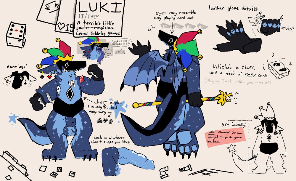 The same as the first alt text, but:
Luki now has their sheath visible. Their cock is whatever size AND shape is best suited to the moment. Actually, they can (and WILL) take on any form or height if it pushes your buttons as much as possible...

There's also a doodle of their maw open, with their tongue hanging out!
"LOOKS LIKE YOU ROLLED A 1!! - GET IN."