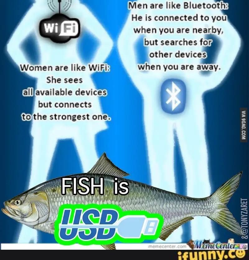 Women are like WiFi: She sees alI available devices but connects to the strongest one.
Men are like Bluetooth: He is connected to you when you are nearby, but searches for other devices when you are away.
FISH is USB.