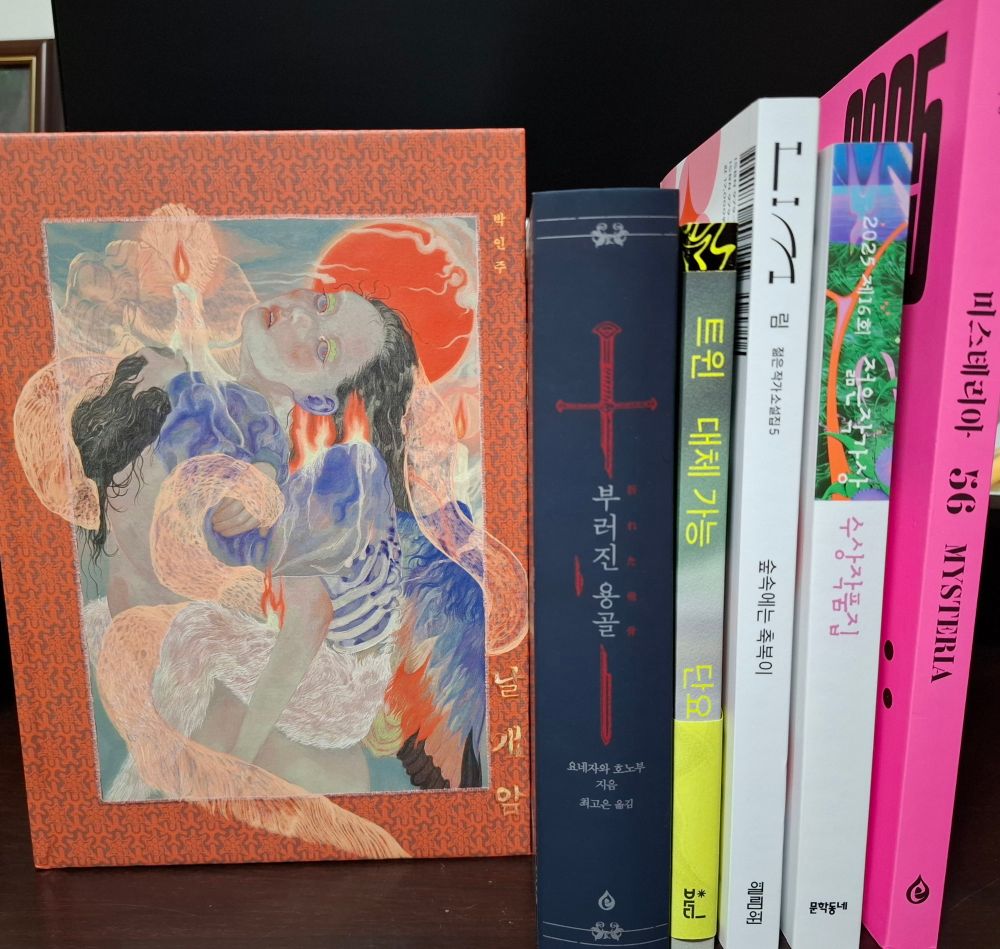 책 『날개암』, 『부러진 용골』, 『트윈』, 『림 5 숲속에는 축복이』, 『2025 제16회 젊은작가상 수상작품집』, 『미스테리아 56호』의 실물 사진.
