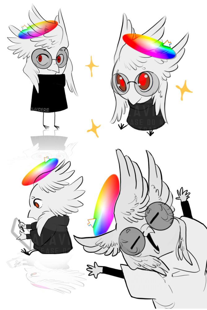 Chibi drawings of my biblically accurate cockatoo sona, Alav.