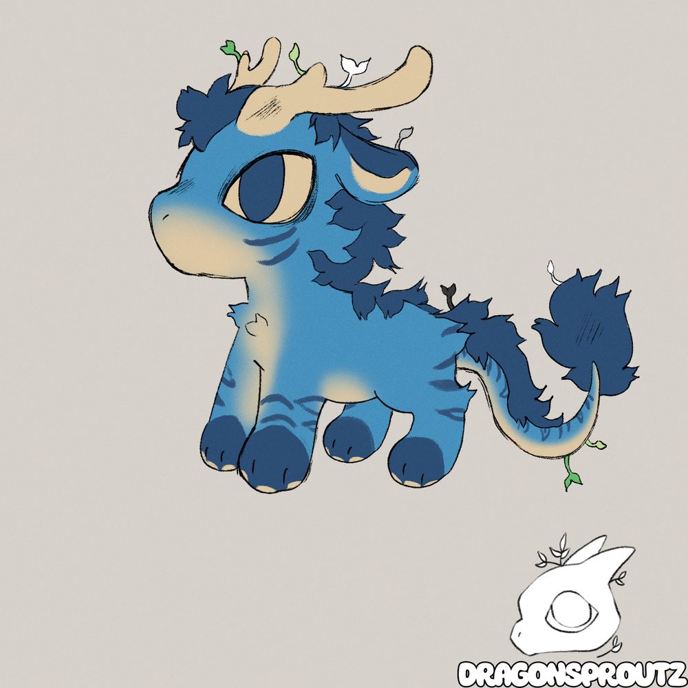 Chibi style critter with mostly teal and dark blue colored fur, has antlers and sprouts colored with the aromantic flag