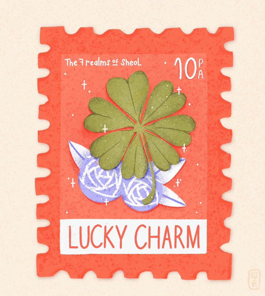 Timbre "lucky charm" orange avec un trèfle à 7 feuilles dessus