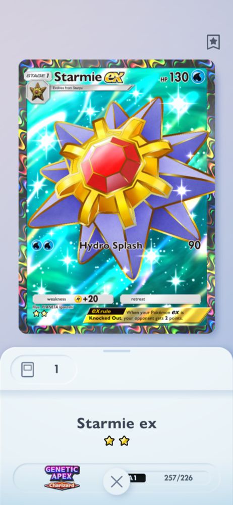 Carta Starmie Ex de Pokémon TCG Pocket. Pokémon de água, evolui de Staryu, possui 130 de vida, um ataque de duas energias de água que causa 90 de dano. Fraqueza de ataque de Pokémon elétrico (20 de dano extra) e sem custo de fuga. Pertence ao booster Genetic Apex Charizard e raridade de duas estrelas douradas. Número 257 de 226 da coleção