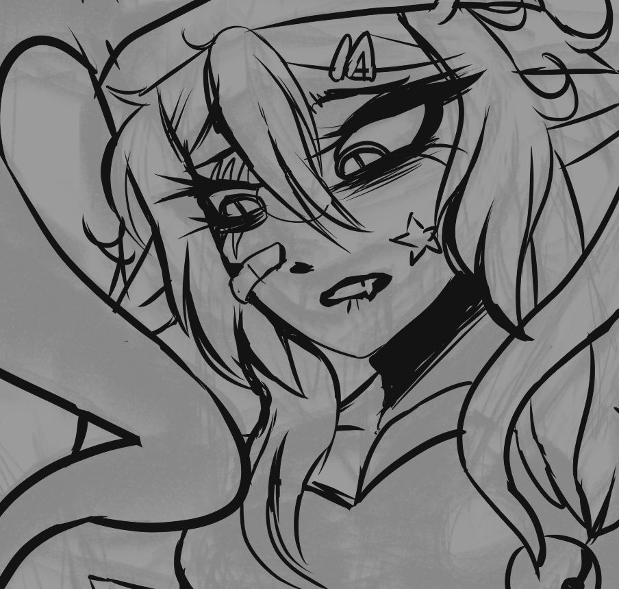 A messy work in progress drawing of a humanoid character looking down in a worried expression