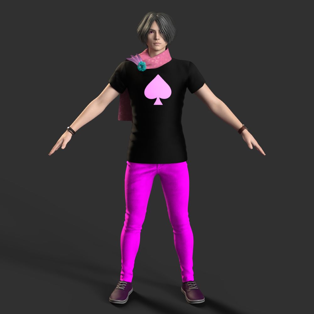 A 3d render of a young man with pale skin, magenta eyes, and dark gray hair standing in Genesis 8 Male's default A-pose, wearing a black t-shirt with a light pink spade on the center, magenta pants, plum-colored shoes with gray laces and soles, and a pink scarf with a subtle pattern, with a cyan flower and pale pink feathers attached to it.