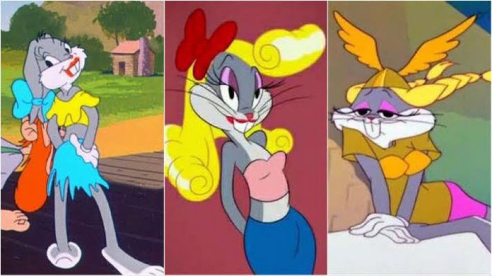 Bugs bunny drag, in 3 looks: ripped electric blue mini skirt (chichi), blonde wig vintage pin up girl (Noxeema), Valkyrie helmet and braids (Vita) 