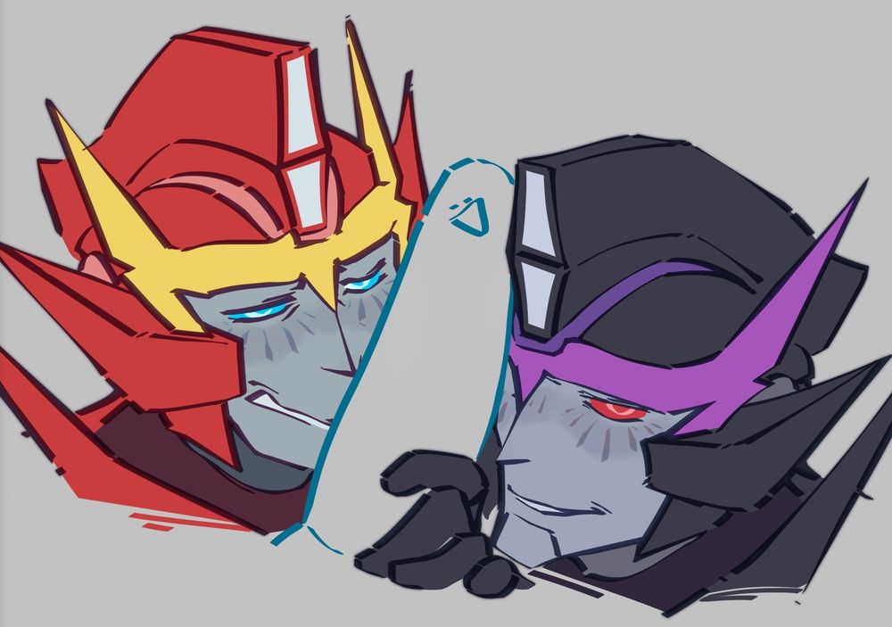 idw rodimus and SG!rodimus w/ a phallic shape hovering above their faces
idw rodimus looks a little upset by this, while his SG counterpart wears a subtly sly smile