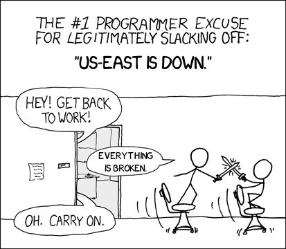 An edited XKCD meme, originally about compiling, now edited for US-EAST being down.

“The #1 programmer excuse for legitimately slacking off: ‘US‑EAST is down.’” Two stick-figure programmers are spinning on office chairs and clinking soda bottles. A manager yells, “Hey! Get back to work!” One replies, “Everything is broken.” The manager responds, “Oh. Carry on.”