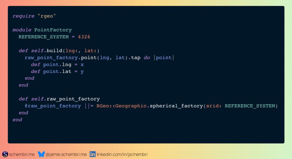 require "rgeo"

module PointFactory
  REFERENCE_SYSTEM = 4326

  def self.build(lng:, lat:)
    raw_point_factory.point(lng, lat).tap do |point|
      def point.lng = x
      def point.lat = y
    end
  end

  def self.raw_point_factory
    @raw_point_factory ||= RGeo::Geographic.spherical_factory(srid: REFERENCE_SYSTEM)
  end
end