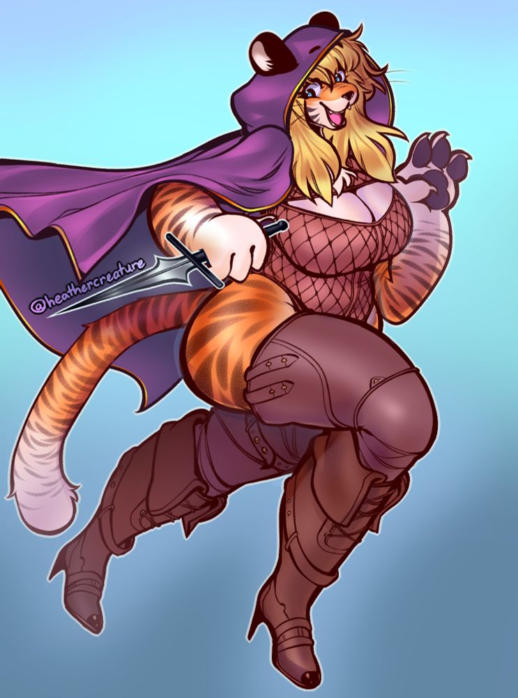 A blond tiger girl runs with her knife drawn, her tight leather rogue's outfit hugs her big chest and her thick legs, while still baring enough fur to show off her stripes. She's dressed in a purple silk cloak and hood, skimpy padded leather doublet, and long fancy leather boots. She waves happily at the viewer as she goes.