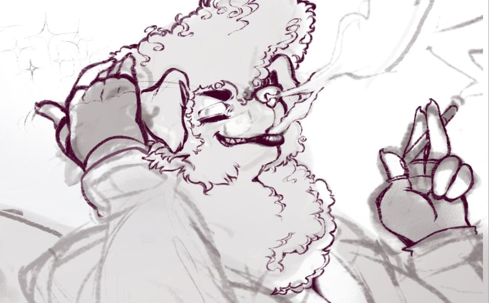 work in progress art commission, closeup of the tibetan mastiff character chilling and smoking with extra detail on her curly hair and neckfluff