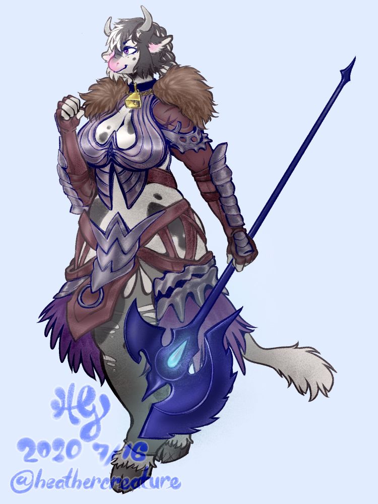Cow sona lady posing stoicly with a huge poleaxe and skimpy well-worn leather and metal warrior armor, fur shoulders, with metal armored arm gloves. Complete with a collar and cowbell! She's so cool and strong!!!