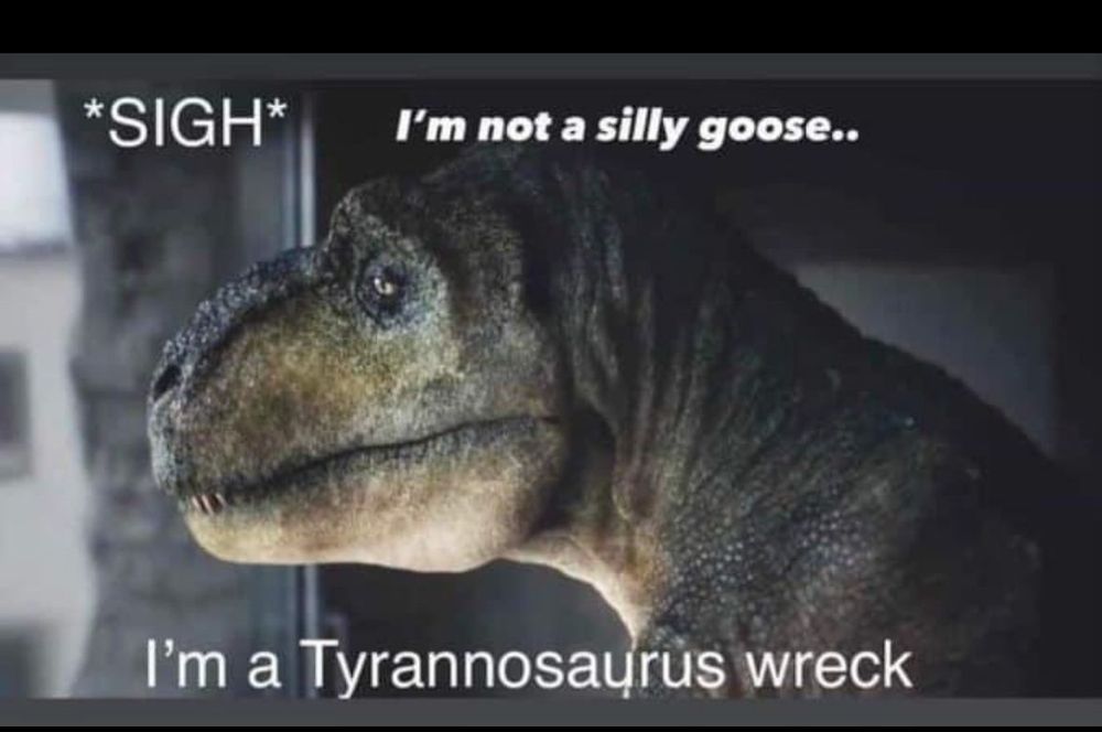 An image of a tyrannosaurus rex with the text '*sigh* I'm not a silly goose...I'm a tyrannosaurus wreck'