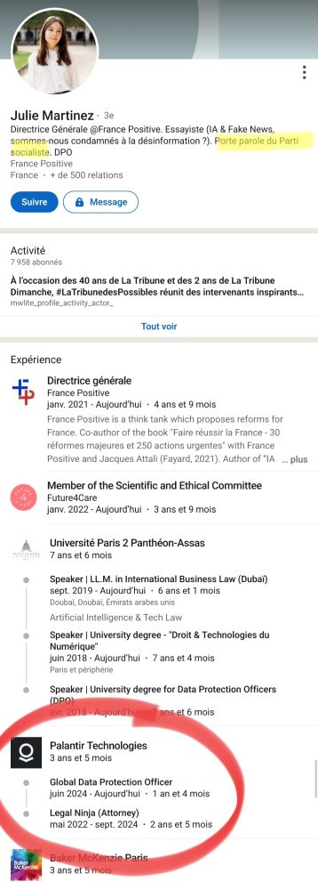 Une capture d'écran du LinkedIn de la porte parole du PS, Julie Martinez, où l'on y voit qu'elle bosse depuis 3.5 ans chez Palantir