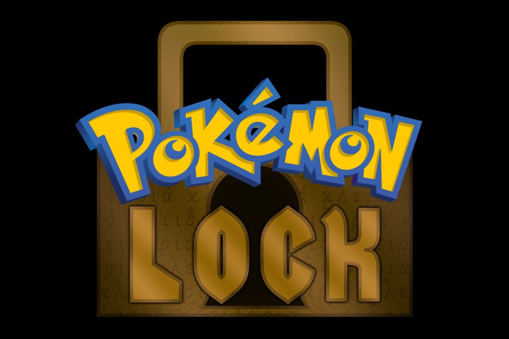Pokemon logo with a bronze colored lock behind with bronze letters saying 'Lock' underneath. The lock is covered in Greek letters.