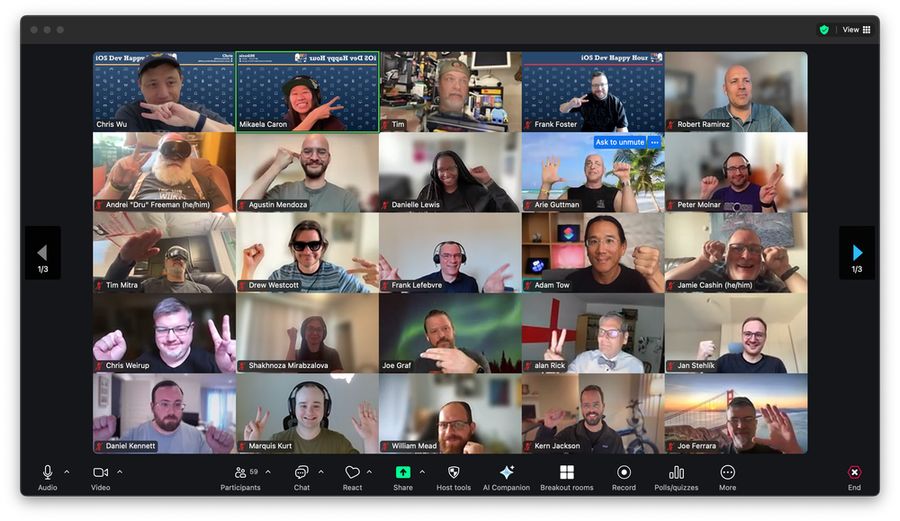 Participants at iOSDevHappyHour on a Zoom call, holding up their hands in "rock paper or scissors"